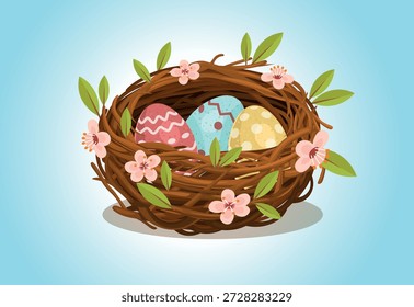  Ninho de Páscoa. Composição de Páscoa com um ninho, ovos e flores. Cartão de Páscoa. Um ninho com ovos coloridos em um ramo de flor de cereja florescente. Ilustração vetorial desenhada à mão.