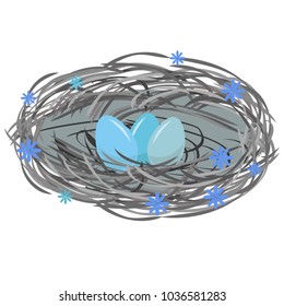 Easter nest. Decorative element. Blue easter eggs, flowers, vintage nest