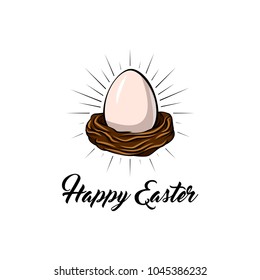 Easter nest with egg in beams. Greeting card. Happy Easter text. Vector illustration isolated on white background.