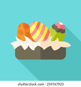 Easter nest with eggs. Flat stylized illustration with shadow