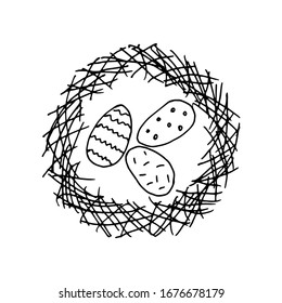 Easter, a nest with eggs. Linear black- and- white drawing by hand. Doodle style. Vector illustration. Design element, greeting card , poster.