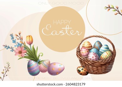Easter nest with eggs and spring twigs, gentle vintage composition.
