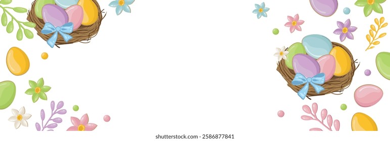 Easter nest, flowers, twigs and yellow, pink, blue and green eggs on transparent background with space for inscription in the middle. Easter party concept. Vector festive background.