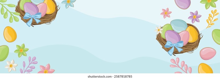 Easter nest, flowers, twigs and yellow, pink, blue and green eggs on blue background with space for inscription in the middle. Easter party concept. Vector festive background.