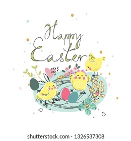nido de Pascua con chicas felices - tarjeta de Pascua feliz