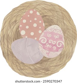 Easter Nest with Painted Eggs Vector Watercolor, egg hunt 