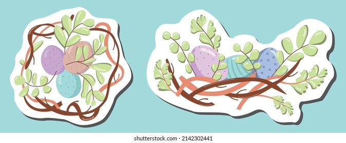 Easter nests. Flat style nest with easter eggs.