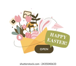 Easter newsletter banner. Vector illustration template. Paper envelope filled with spring flowers in calm pastel tones with “happy easter” message. Floral invitation with easter eggs and bunny ears