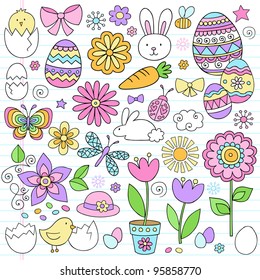 Easter Notebook Doodles Vector Design Elements Set with Daffodils, Bunny, Easter Eggs, and Chicks on Lined Sketchbook Paper Background