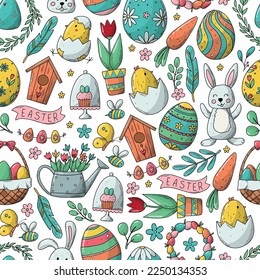 Easter nursery seamless pattern with hand drawn doodles for wallpaper, scrapbooking, stationary, packaging, wrapping paper, etc. EPS 10