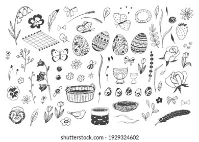 Easter objects line decoration: eggs, flowers, plants, leaves vector illustrations set