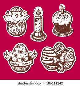 Easter objects stickers collection. Sketch vector elements for holiday spring design.