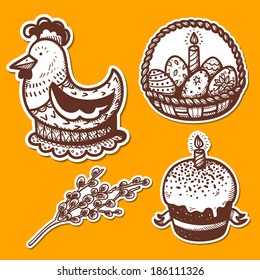 Easter objects stickers collection. Sketch vector elements for holiday spring design.