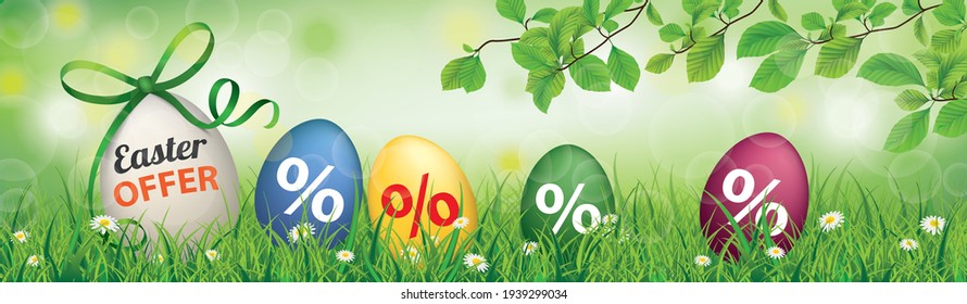 Easter offer banner with colored easter eggs in the green nature. Eps 10 vector file.