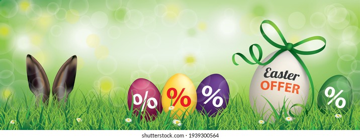 Easter offer banner, with easter eggs and hare ears in the grass. Eps 10 vector file.