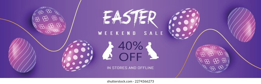 Oferta de Semana Santa y plantilla de afiches y pancartas de descuento con huevos de Pascua sobre fondo morado.Saludos y regalos para el Día de Pascua en estilo de planta.Promoción y plantilla de compras para Pascua