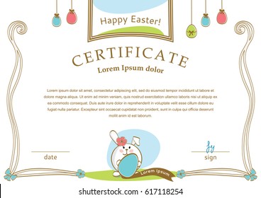 Easter official certificate. Easter rabbit and eggs. Simple drawing.