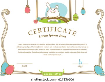 Easter official certificate. Easter rabbit and eggs. Simple drawing.