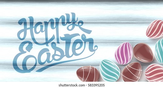 Easter old-style holiday postcard with lot of chocolate eggs isolated on bright wood background, vector realistic illustration with greeting lettering