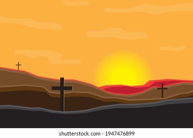 Easter on evening scene with symbol cross. Jesus Christ. vector illustration.