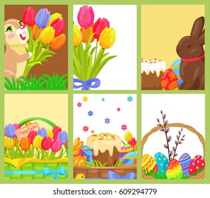 Easter openings with chocolate bunny, colored eggs, bouquet of multicolored tulips on six cards. Festive cake, willow branch, blue and red ribbons, green grass, wicker baskets vector illustration.