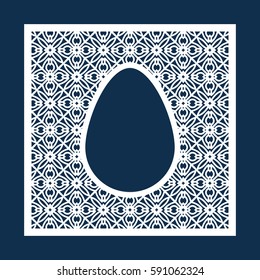 Easter openwork square frame with geometric pattern. Laser Cutting template for greeting cards, envelopes, invitations, interior elements. Vector easter paper cutting ornamental panel. Die cut card.