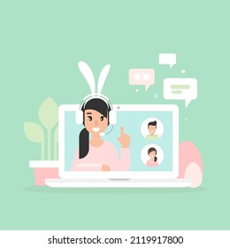 Easter operator with bunny ears. Webinar, online class, remote team work concept. Learn and study via teleconference or video course. Holiday consulting, job online, internet. Help call center.
