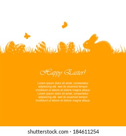 Easter Orange Background With Little Rabbit And Eggs In A Grass, Illustration.