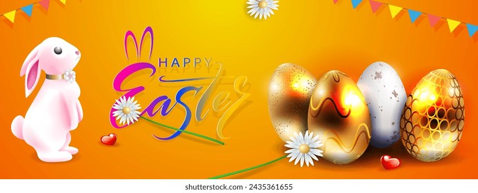Easter orange card, cute bunny with golden eggs and daisy flowers.