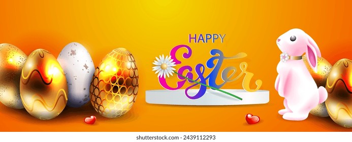 Easter orange card, wonderful bunny, golden eggs with ornament.
