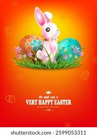 Easter orange design with cute pink bunny and painted eggs