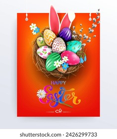 Easter orange design with nest, eggs, bunny ears and willow branch.