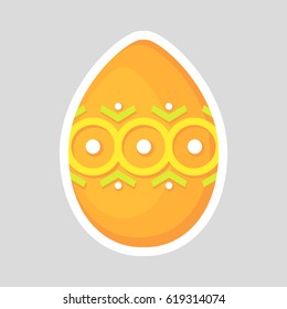 Easter orange egg icon isolated on a gray background. Volumetric with a white outline, with colored contrasting ornament of circle line and points. Vector Illustration. Spring holiday.