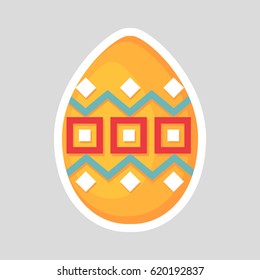 Easter orange egg icon isolated on a gray background. Volumetric with a white outline, with colored contrasting ornament of zig zag line and squares. Vector Illustration. Spring holiday.