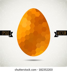Easter orange egg on geometric rumpled pattern from hexagons. Easter design.