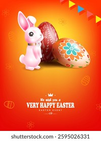 Easter orange illustration with cute pink bunny and painted eggs.