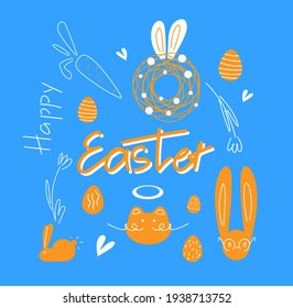 easter orange set of lettering hares and eggs on a blue background.