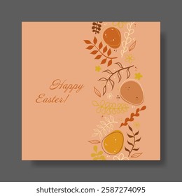 Easter. Orange-toned greeting card with decorative eggs, botanical elements, and floral patterns. Warm and festive holiday design with nature-inspired details.