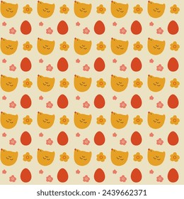 Easter ornament with chick, egg and flowers. Festive, seamless pattern. Vector illustration	