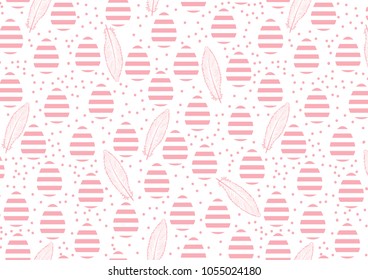 Easter ornament of striped eggs and feathers. Vector illustration isolated on white wide background.