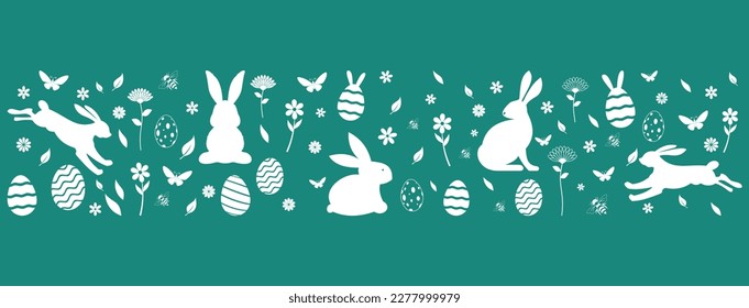 Easter Ornament vector in white and turquoise blue.
Easter Symbol Ornament with Easter bunny, Easter egg, flowers, bee, leaves and butterfly.