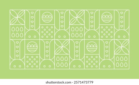 Easter outline background with bunnies, eggs and leaves. Geometric poster with rabbits and eggs in baskets. Abstract line pattern in stained glass style for Easter card or banner, vector illustration