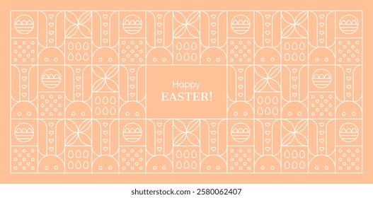 Easter outline card with bunnies, eggs and leaves. Geometric peach colored background with rabbits and eggs in baskets. Abstract pattern with white lines in stained glass style, vector illustration