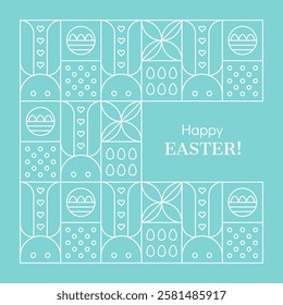 Easter outline card with bunnies, eggs and leaves. Geometric turquoise background with cute rabbits and eggs in baskets. Abstract pattern with white lines in stained glass style, vector illustration