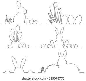 Easter Outline design with cute bunny and eggs, hand drawn illustration 