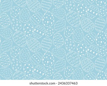 Easter outline Doodle seamless Pattern. White Easter Eggs with hand Drawn ornament on blue. Traditional Holiday minimal illustration. Egg hunt spring funny Background