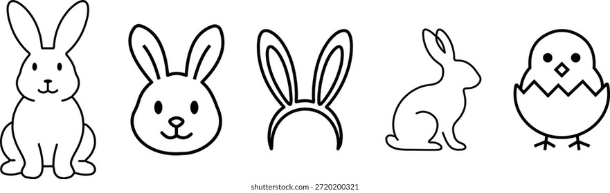 Conjunto de iconos de contorno de Pascua con conejito, huevos y pollito Ilustración vectorial de línea simple