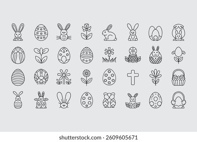 Easter Outline Icons Set Of Eggs Bunny Flowers And Other Holiday Elements