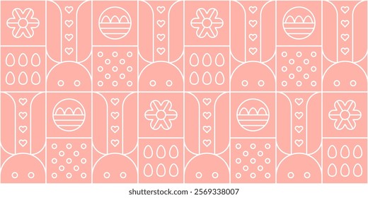 Easter outline pattern with bunnies, eggs in baskets and flowers. Geometric poster in line art style with rabbits. Abstract seamless pattern with bunnies for Easter card or banner, vector illustration