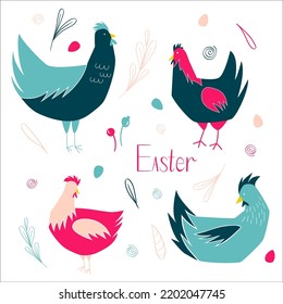 Easter pack of four mature chickens in folk style. Poster, banner and invitation for easter party or event.